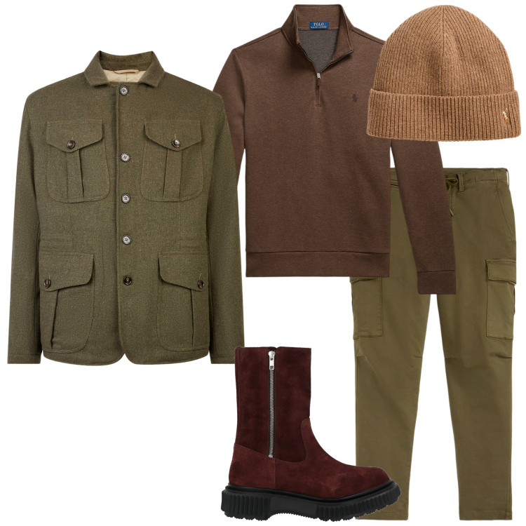 Outfit uomo - Passeggiata nei boschi. Stile Trendy per Tutti i giorni. Abbinamento con stivali, giacche, berretti, pantaloni cargo, pullovers.