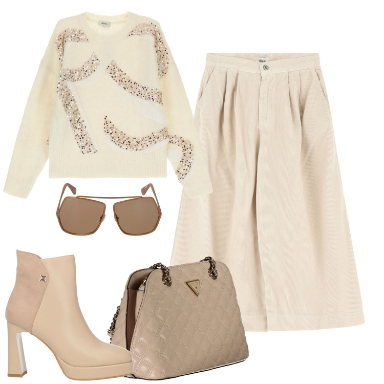 Outfit donna - City. Stile Urban per Tutti i giorni. Abbinamento con stivaletti, maglieria, pantaloni, occhiali da sole, borse a spalla.