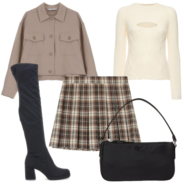 Outfit donna - Total look #2017473. Stile Trendy per Tutti i giorni. Abbinamento con blazer, minigonne, pochette, stivali, maglieria.