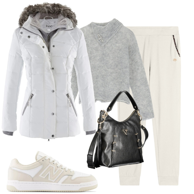 Outfit donna - City. Stile Urban per Tutti i giorni. Abbinamento con piumini, sneakers, maglieria, pantaloni, borse a spalla.