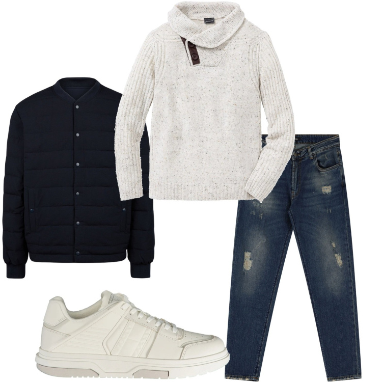 Outfit uomo - Jeans strappati. Stile Casual per Tutti i giorni. Abbinamento con maglieria, jeans dritti, sneakers, piumini.