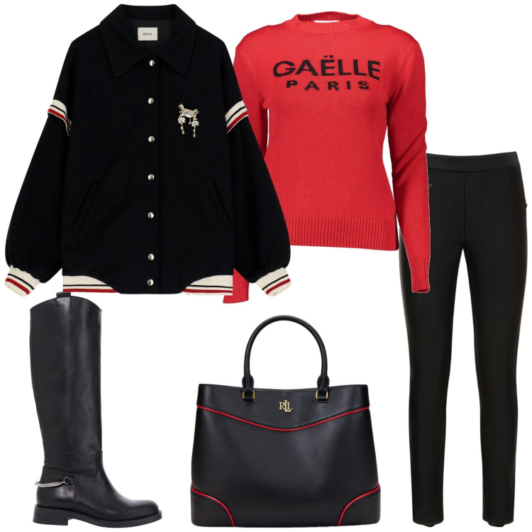 Outfit donna - Passeggiata in centro. Stile Casual chic per Tutti i giorni. Abbinamento con stivali, bomber, borse a mano, maglieria, pantaloni.