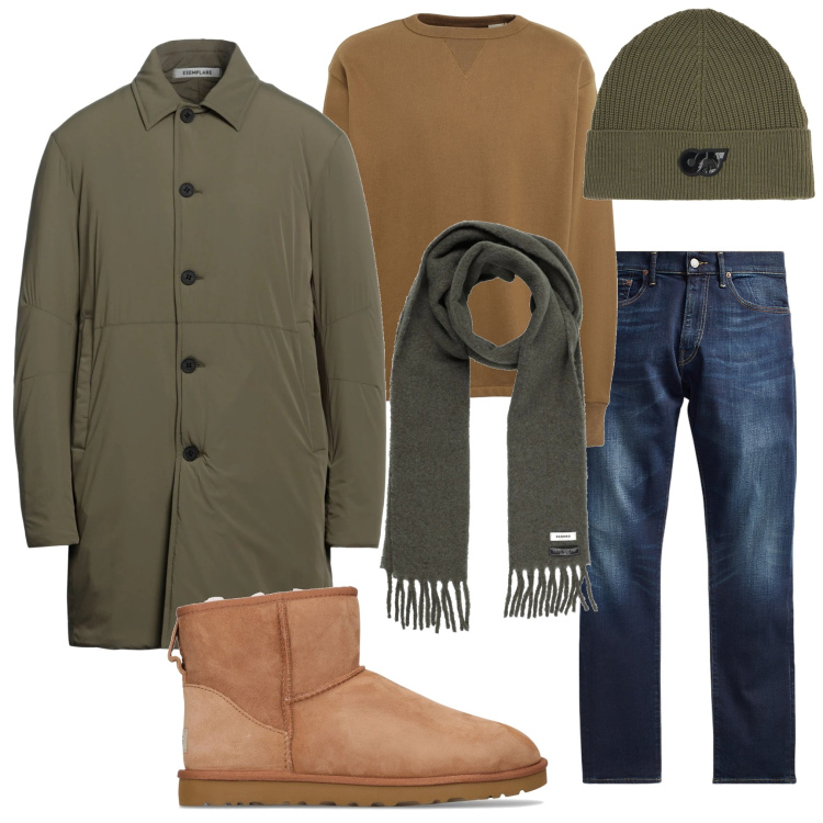 Outfit uomo - Con la prima neve. Stile Urban per Tutti i giorni. Abbinamento con trench, sciarpe, felpe, jeans, berretti, stivali.