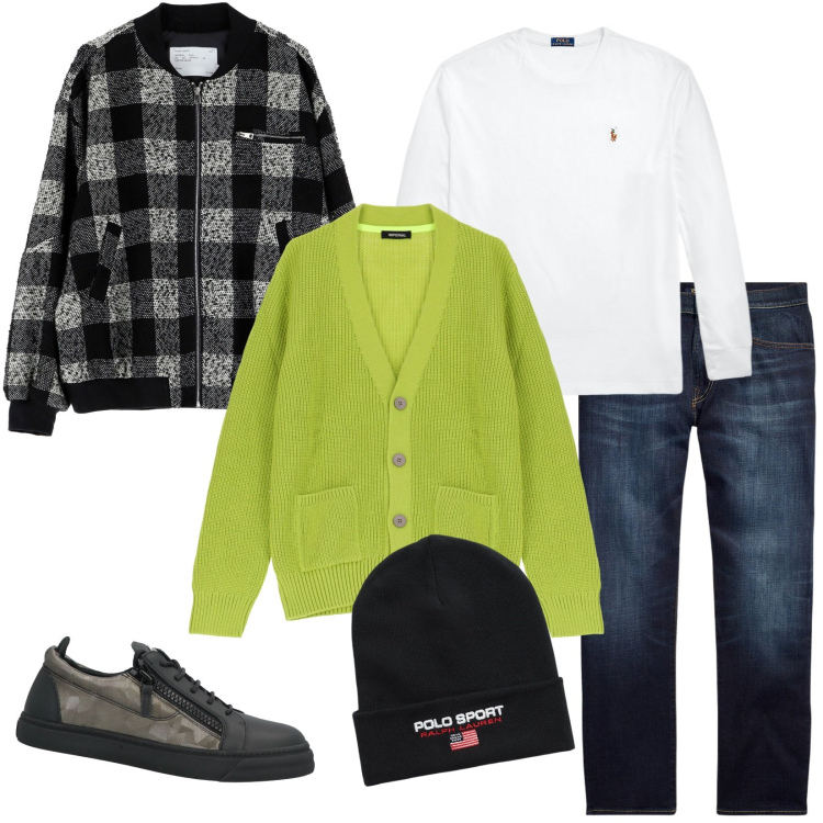 Outfit uomo - Un cardigan per farsi notare. Stile Trendy per Tutti i giorni. Abbinamento con sneakers, cardigans, bomber, jeans dritti, t-shirt, berretti.