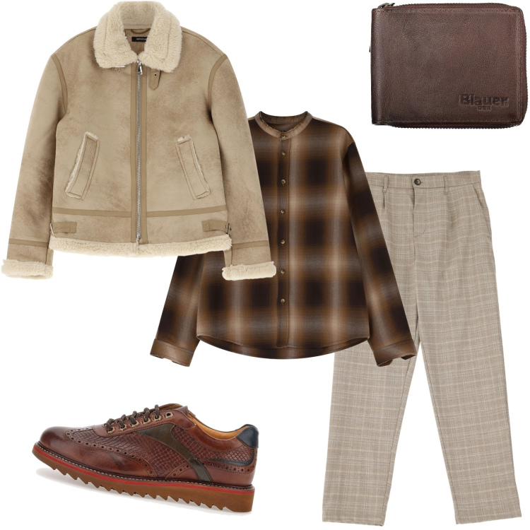 Outfit uomo - Un aperitivo con gli amici. Stile Casual per Tutti i giorni. Abbinamento con giacche, camicie, pantaloni, scarpe stringate, portafogli.