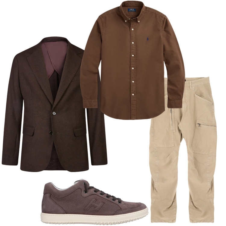 Outfit uomo - Casual in marrone. Stile Casual per Ufficio. Abbinamento con sneakers, pantaloni cargo, camicie, giacche.