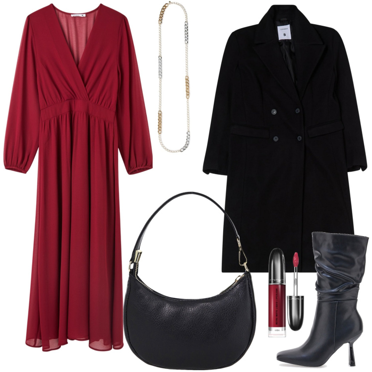 Outfit donna - Chic low cost. Stile Chic per Tutti i giorni. Abbinamento con rossetti, vestiti lunghi, cappotti, borse a spalla, stivali, collane.