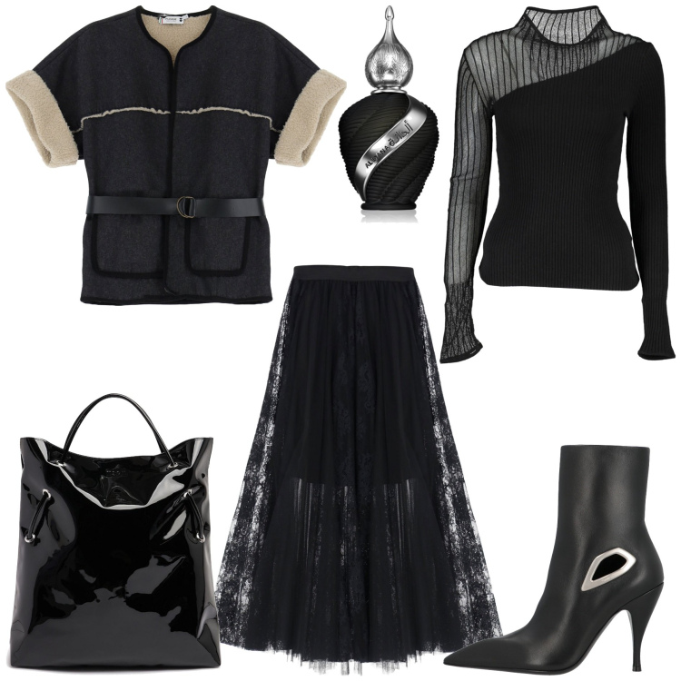 Outfit donna - Aperitivo ai Navigli. Stile Glamour per Serata fuori. Abbinamento con stivaletti, profumi, blazer, gonne, maglieria, shopping bag.