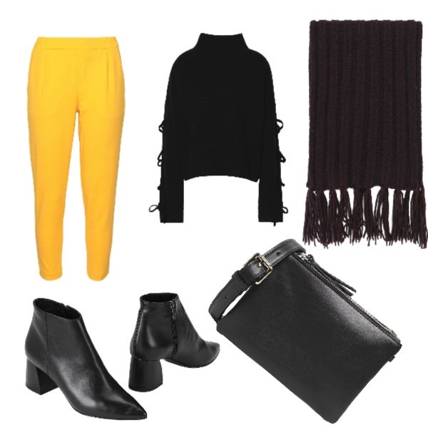 Outfit donna - 8. Stile Trendy per Tutti i giorni. Abbinamento con blazer collo a dolcevita, pantalone crêpe, stivaletti made italy con tacco squadrato in pelle, borsa a tracolla in pelle, sciarpa lunga a coste con frange maxi.