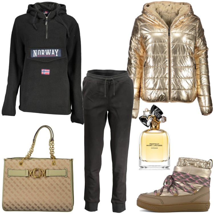 Outfit donna - Sporty glam!. Stile Sporty chic per Tutti i giorni. Abbinamento con profumi, stivaletti, piumini, felpe con cappuccio, pantaloni, borse a spalla.