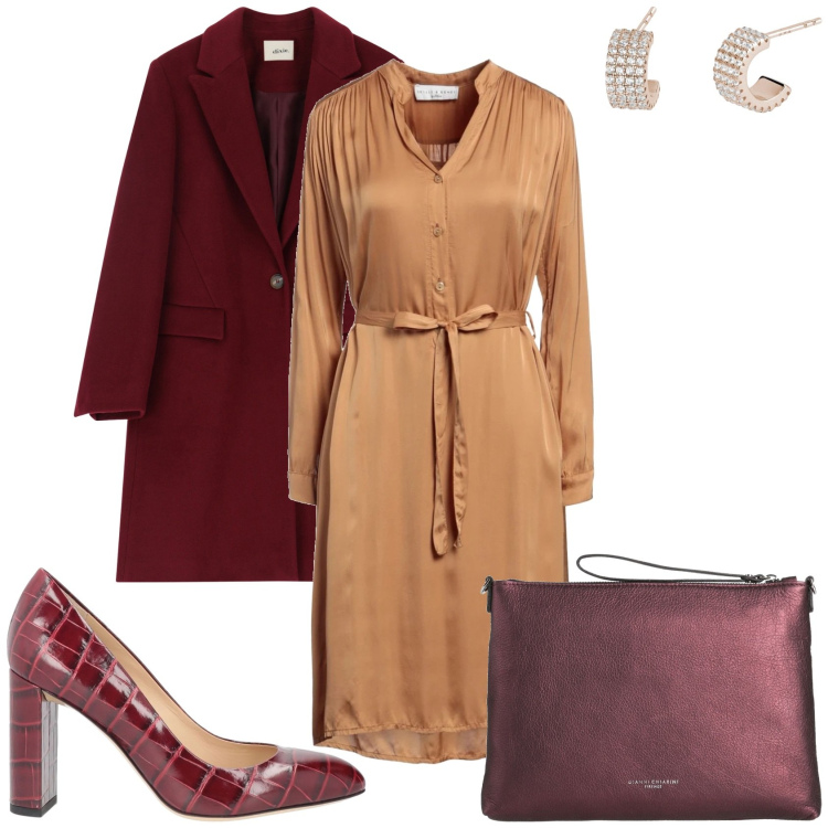 Outfit donna - Cena in casa. Stile Casual chic per Serata fuori. Abbinamento con décolleté, vestiti midi/longuette, borse a mano, orecchini, cappotti.