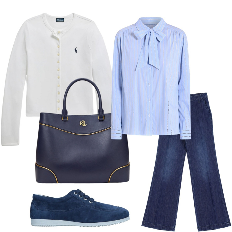 Outfit donna - Camicia con fiocco. Stile Chic per Ufficio. Abbinamento con sneakers, camicie, jeans, cardigans, borse a mano.