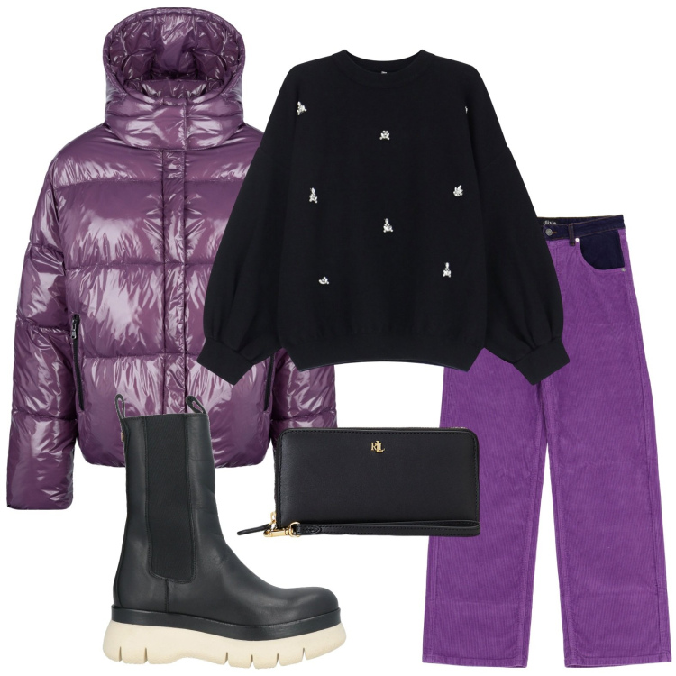 Outfit donna - La maglia con strass. Stile Bon Ton per Ufficio. Abbinamento con stivaletti, pullovers, jeans, pochette, blazer.