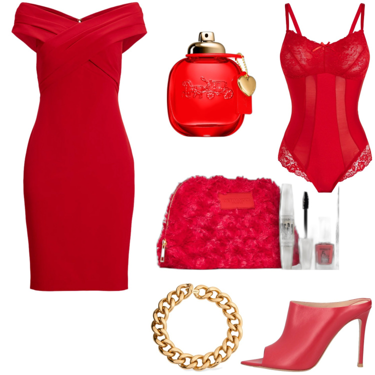 Outfit donna - Appuntamento. Stile Sexy per Serata fuori. Abbinamento con body, sandali in pelle, profumi, smalti, vestiti, collane.