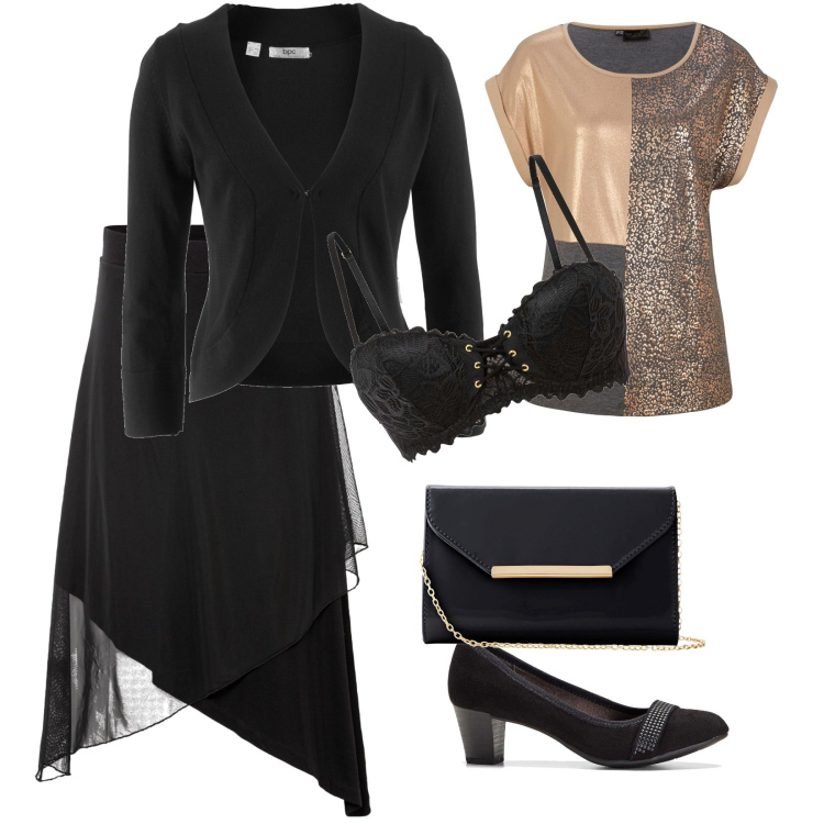 Outfit donna - Vigilia lucciccosa. Stile Chic per Serata fuori. Abbinamento con décolleté, maglieria, blazer, gonne, pochette, reggiseni a balconcino.
