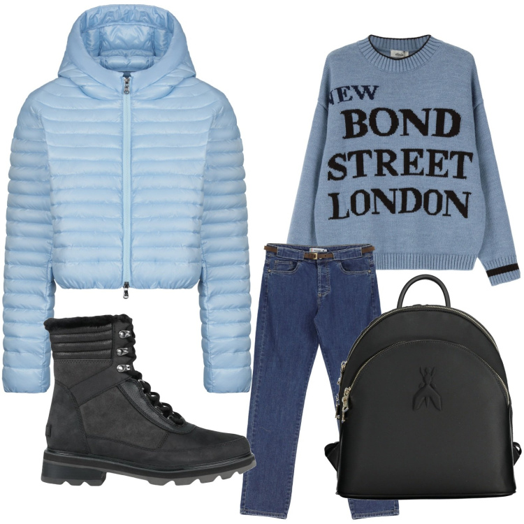 Outfit donna - Street London. Stile Minimal per Scuola/Università. Abbinamento con stivaletti, jeans dritti, maglieria, piumini, zaini.