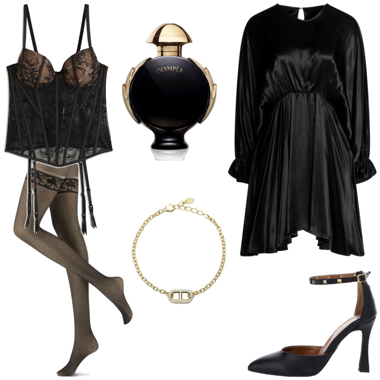 Outfit donna - Le rendez-vous. Stile Sexy per Serata fuori. Abbinamento con body, vestiti corti, profumi, braccialetti, collant, décolleté.