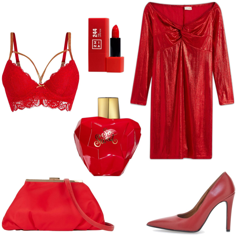 Outfit donna - Red. Stile Sexy per Serata fuori. Abbinamento con vestiti, reggiseni, profumi, rossetti, décolleté, pochette.