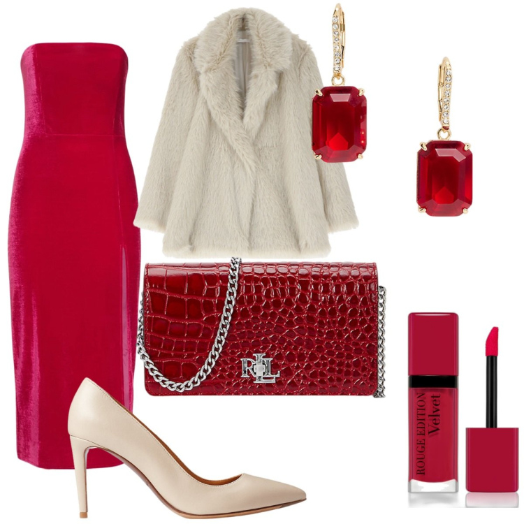 Outfit donna - Velvet elegance. Stile Chic per Serata fuori. Abbinamento con rossetti, ecopellicce, décolleté, borse a mano, orecchini, vestiti midi/longuette.
