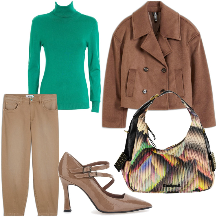 Outfit donna - Borsa multicolor. Stile Glamour per Ufficio. Abbinamento con jeans, caban, maglieria, décolleté, borse a spalla.