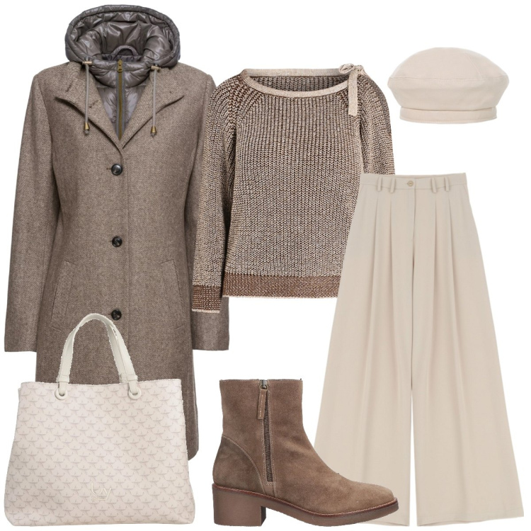 Outfit donna - Toni neutri. Stile Casual chic per Tutti i giorni. Abbinamento con cappotti, stivaletti, borse a mano, maglieria, pantaloni, cappelli e berretti.