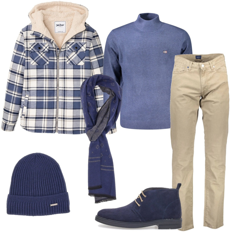 Outfit uomo - Passeggiata in montagna. Stile Casual per Tutti i giorni. Abbinamento con cappotti, stivali e stivaletti, maglieria, pantaloni, sciarpe, berretti.