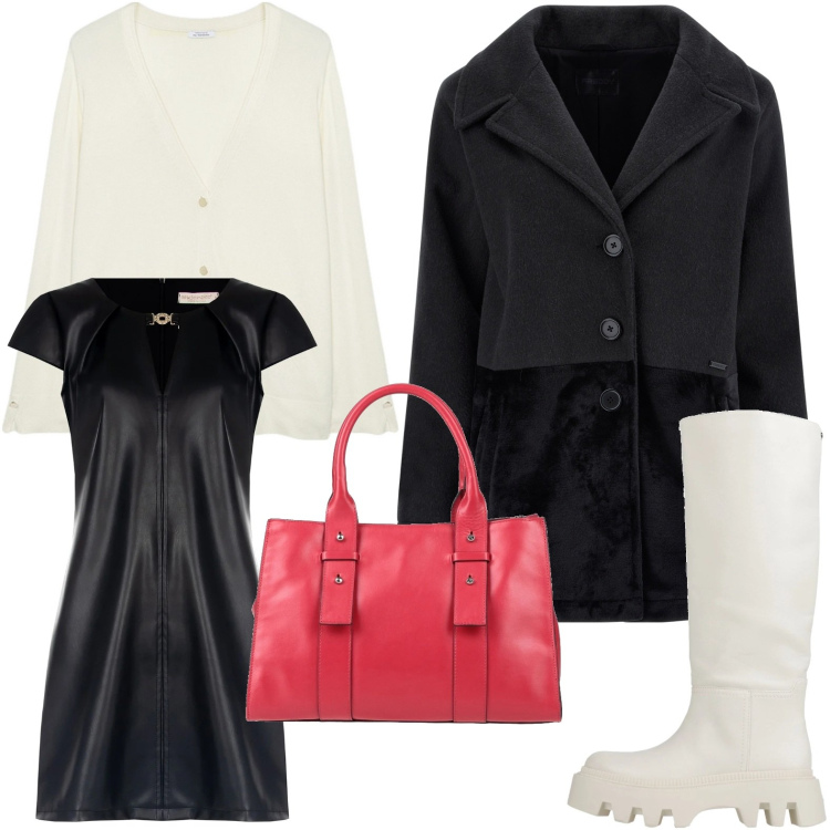 Outfit donna - Il cappotto versatile. Stile Trendy per Serata fuori. Abbinamento con borse a mano, stivali, vestiti, cappotti, cardigans.