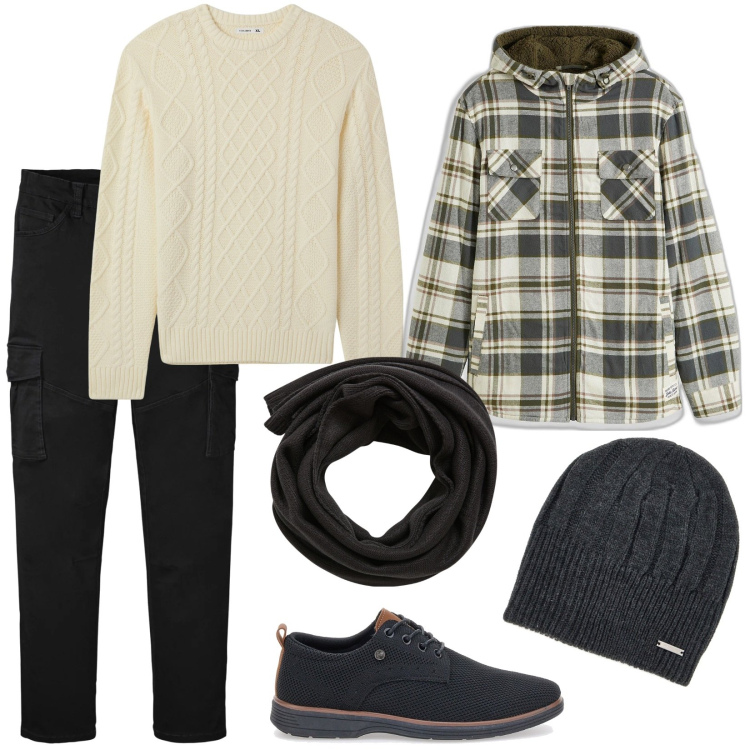 Outfit uomo - Passeggiata in montagna. Stile Casual per Tutti i giorni. Abbinamento con pantaloni cargo, cappotti, sciarpe, maglieria, scarpe stringate, berretti.