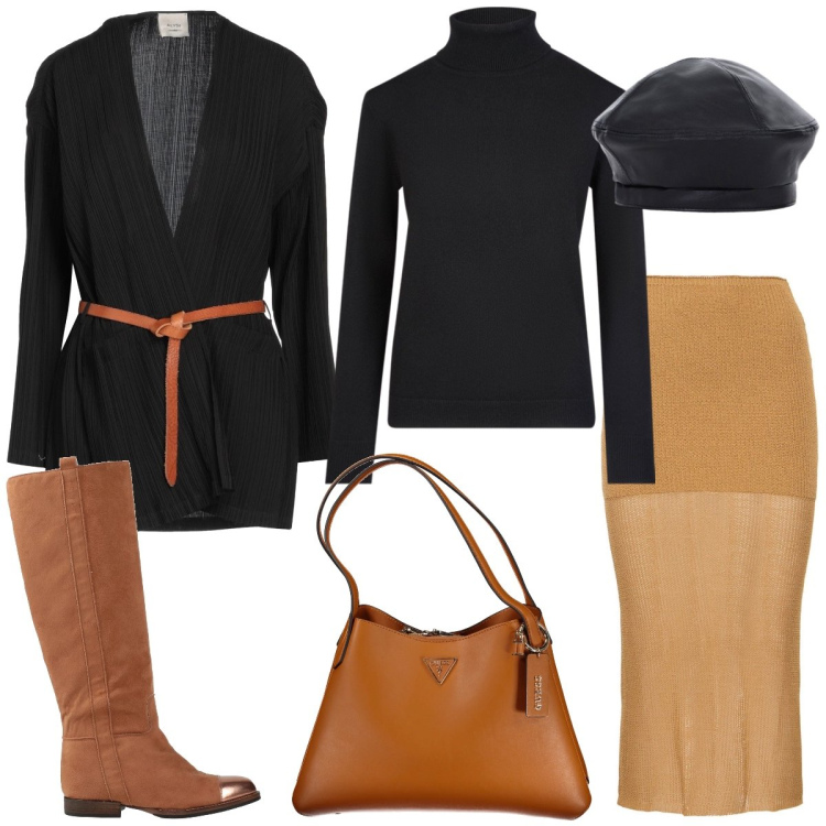 Outfit donna - Passeggiata. Stile Casual per Tutti i giorni. Abbinamento con cardigans, stivali, cappelli e berretti, maglieria, gonne longuette, borse a spalla.