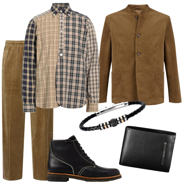 Outfit uomo - Una camicia originale. Stile Business/Elegante per Ufficio. Abbinamento con camicie, braccialetti, stivali, giacche, pantaloni, portafogli.