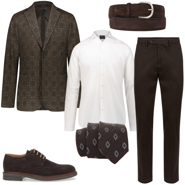 Outfit uomo - Stile business. Stile Business/Elegante per Ufficio. Abbinamento con cravatte, giacche, pantaloni chino, camicie, scarpe stringate, cinture.