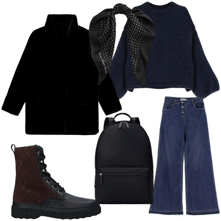 Outfit donna - Easy life. Stile Basic per Tutti i giorni. Abbinamento con stivaletti, jeans, pullovers, cappotti, foulard, zaini.