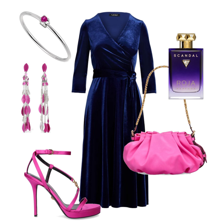 Outfit donna - Velvet blu notte e raso fucsia. Stile Chic per Serata fuori. Abbinamento con profumi, vestiti, anelli, borse a spalla, sandali in pelle, orecchini.