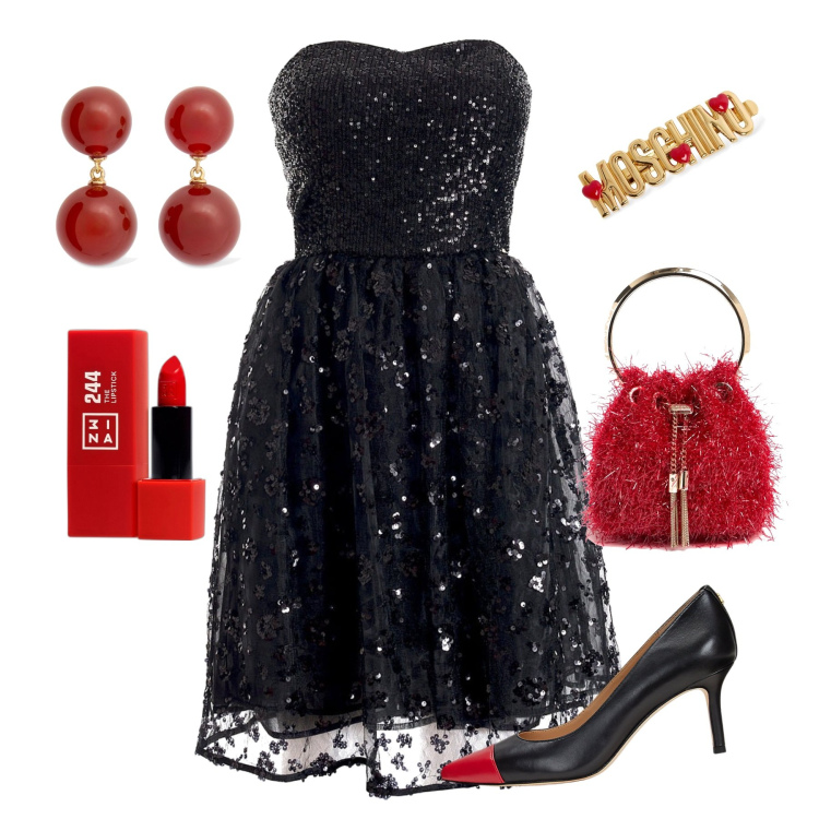 Outfit donna - Look per Capodanno!. Stile Glamour per Serata fuori. Abbinamento con rossetti, vestiti midi/longuette, décolleté, borse a spalla, accessori per capelli, orecchini.