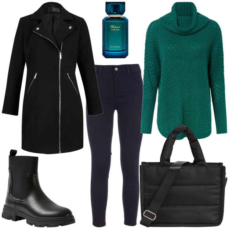 Outfit donna - Il basico versatile. Stile Basic per Tutti i giorni. Abbinamento con maglieria, cappotti, profumi, shopping bag, stivaletti chelsea, jeans skinny.