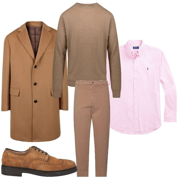Outfit uomo - Elegante in marrone. Stile Business/Elegante per Ufficio. Abbinamento con scarpe stringate, pantaloni, camicie, maglieria, cappotti.