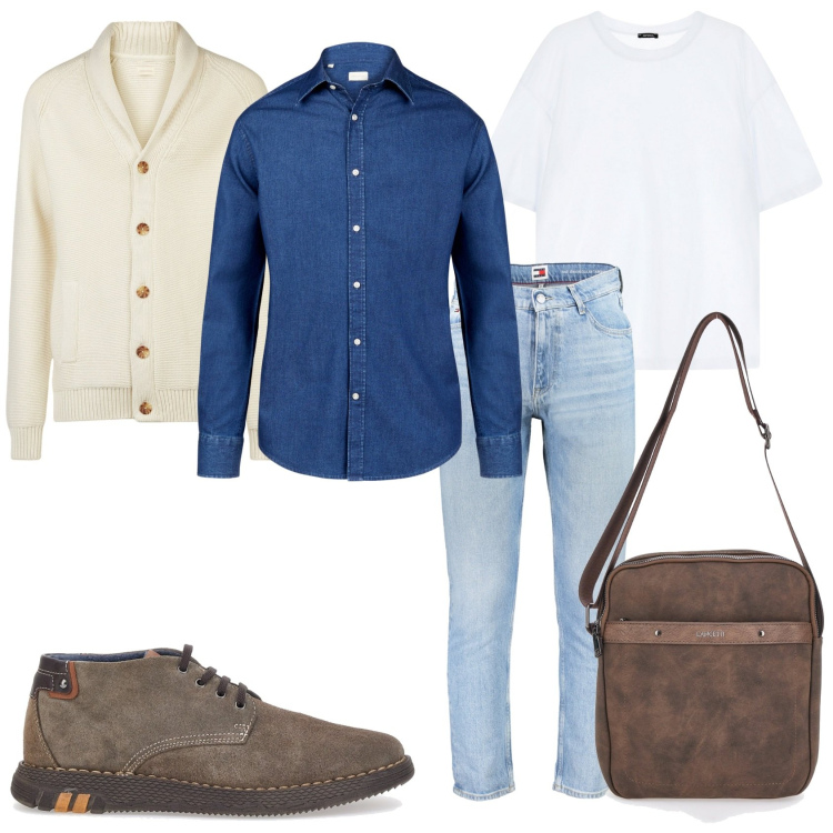 Outfit uomo - Prossimo invito a pranzo. Stile Urban per Tutti i giorni. Abbinamento con t-shirt, scarpe stringate, portafogli, jeans, camicie, cardigans.