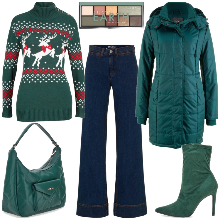 Outfit donna - Il maglione natalizio. Stile Basic per Tutti i giorni. Abbinamento con giacche, jeans, maglieria, ombretti, stivaletti, borse a spalla.