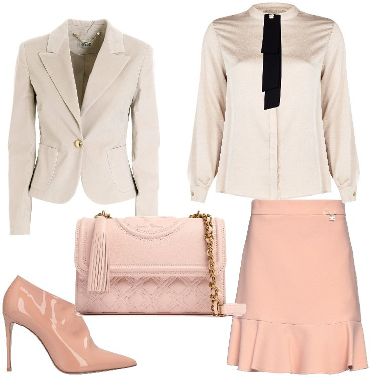 Outfit donna - Gonna e cravatta. Stile Chic per Serata fuori. Abbinamento con minigonne, stivaletti, camicie, blazer, borse a spalla.