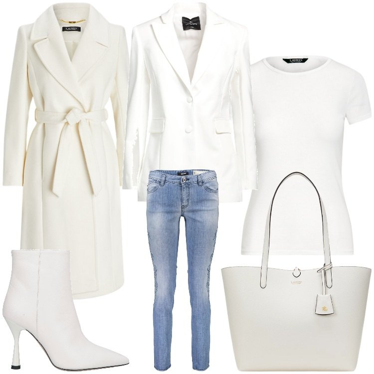Outfit donna - Bianco e jeans in ufficio. Stile Chic per Ufficio. Abbinamento con stivaletti, blazer, t-shirt, cappotti, borse tote, jeans.
