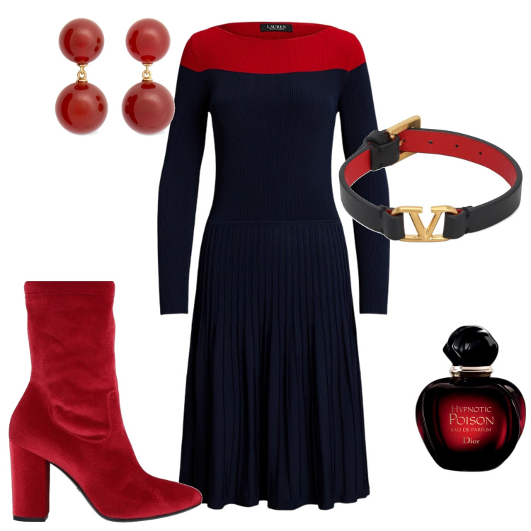 Outfit donna - Pronta per le feste. Stile Chic per Serata fuori. Abbinamento con stivaletti, profumi, vestiti, braccialetti, orecchini.