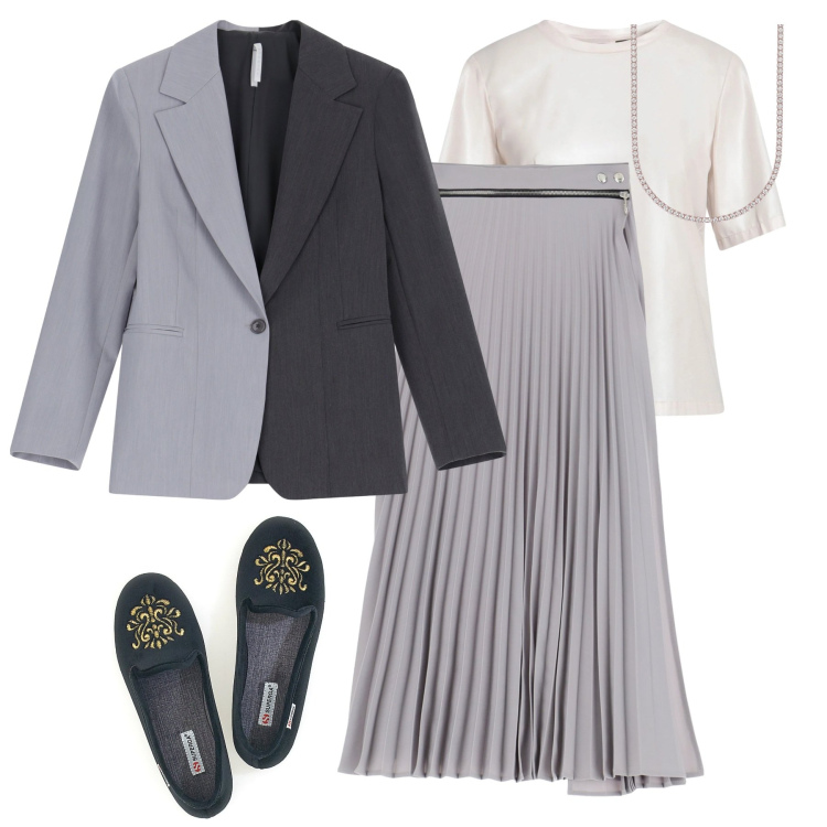 Outfit donna - In ufficio in grey. Stile Trendy per Ufficio. Abbinamento con top, collane, blazer, gonne, pantofole.