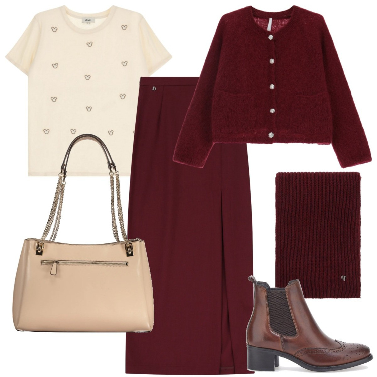 Outfit donna - Natale casual-chich. Stile Casual chic per Serata fuori. Abbinamento con cardigans, gonne lunghe, t-shirt, sciarpe, stivaletti chelsea, borse a spalla.