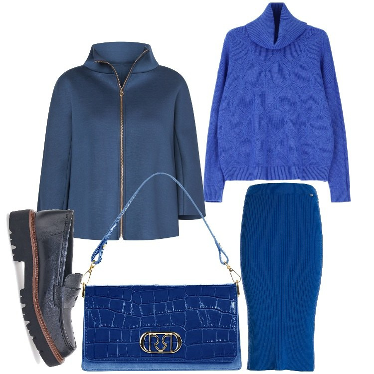 Outfit donna - Serata blu elettrico. Stile Casual chic per Serata fuori. Abbinamento con maglieria, borse a tracolla, cappe, gonne longuette, mocassini.
