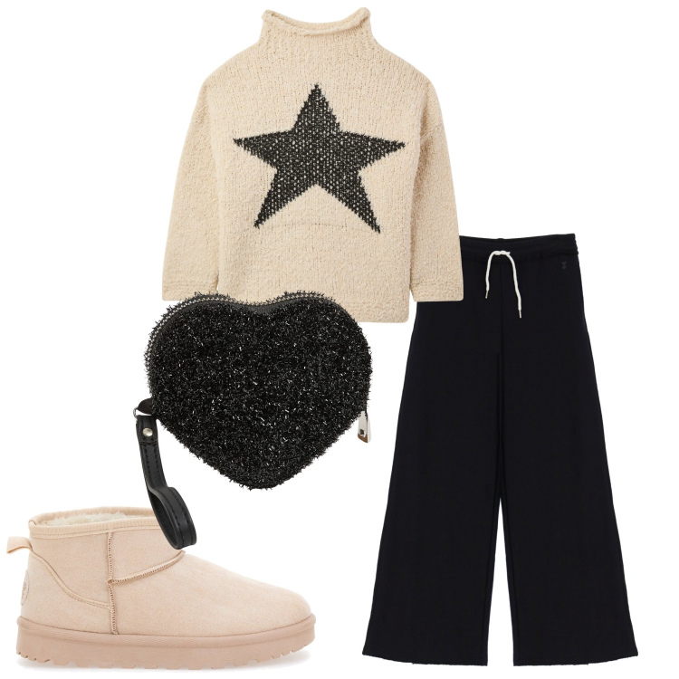 Outfit donna - La stella. Stile Casual per Tutti i giorni. Abbinamento con pantaloni a palazzo, portafogli, maglieria, stivali da neve.