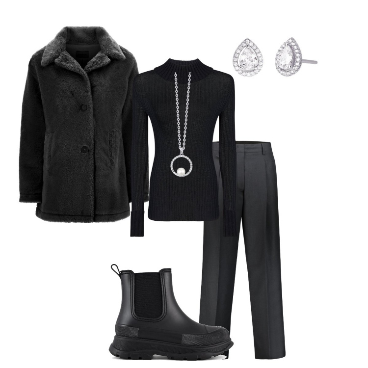 Outfit donna - dicembre d\'argento. Stile Casual per Serata fuori. Abbinamento con collane, orecchini, cappotti, pantaloni, stivali, maglieria.