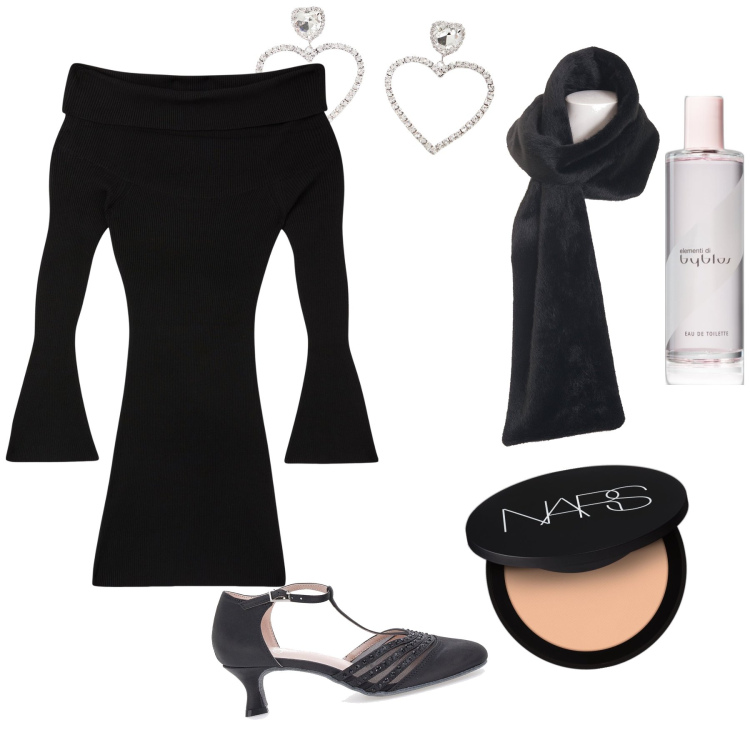 Outfit donna - Per stasera. Stile Trendy per Serata fuori. Abbinamento con ciprie, profumi, vestiti corti, foulard, orecchini, décolleté.