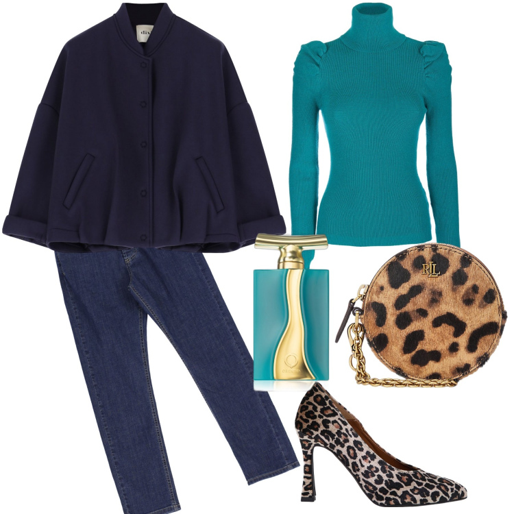 Outfit donna - Apericena animalier. Stile Glamour per Serata fuori. Abbinamento con profumi, jeans dritti, maglieria, décolleté, bomber, pochette.