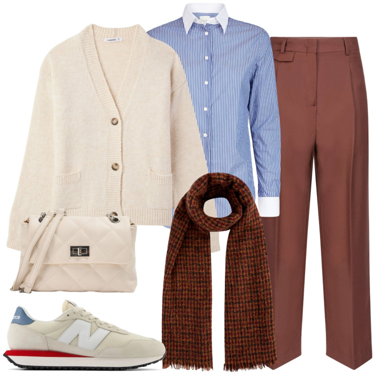 Outfit donna - La sciarpa. Stile Casual per Tutti i giorni. Abbinamento con cardigans, borse a spalla, sneakers, pantaloni, camicie, sciarpe.