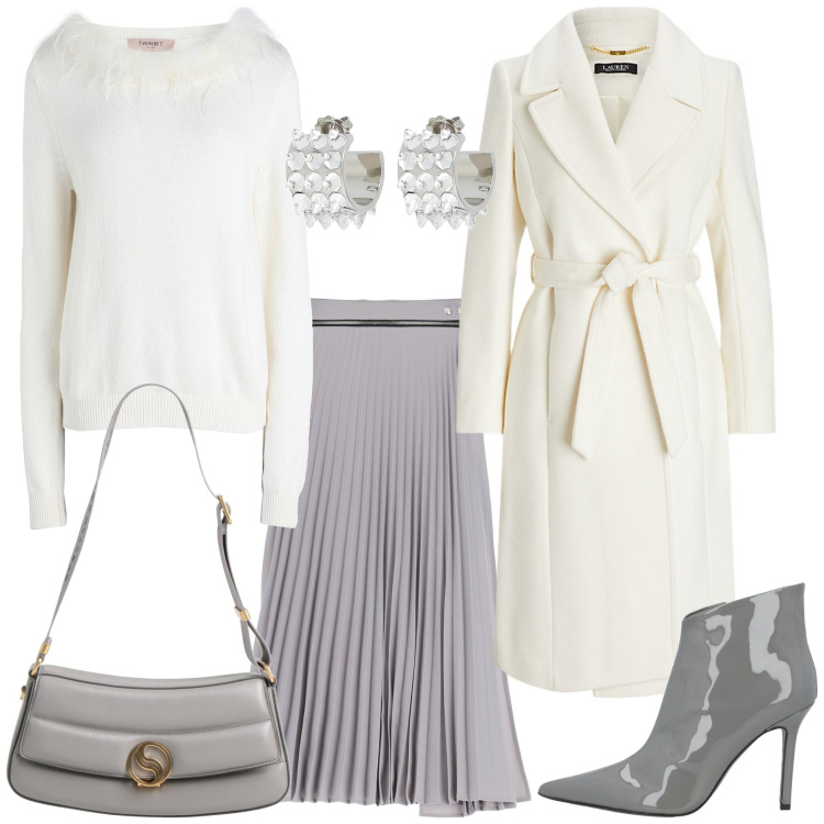 Outfit donna - Da mattina a sera. Stile Chic per Tutti i giorni. Abbinamento con pullovers, stivaletti, borse a spalla, orecchini, gonne, cappotti.